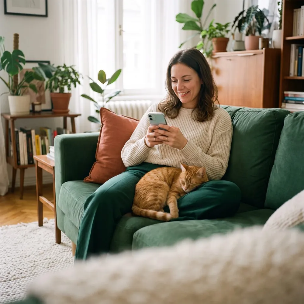 Mulher no sofá fazendo um pedido pelo celular com o gato no colo