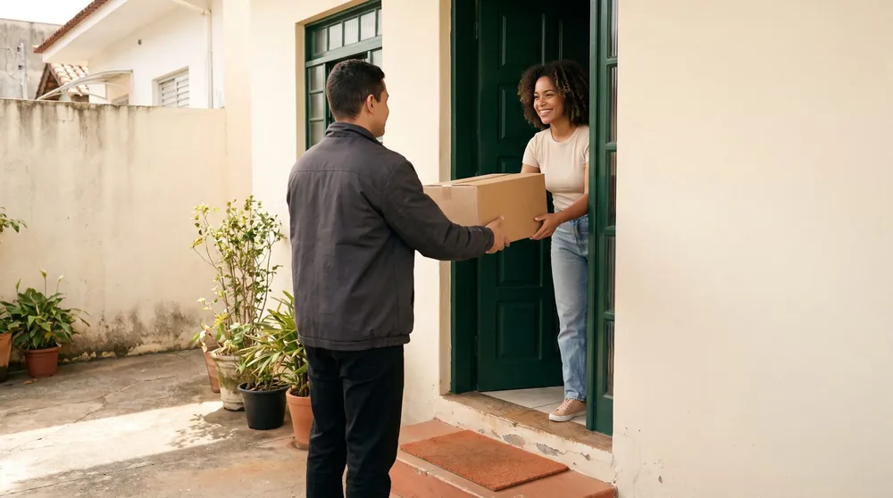 Entregador entregando uma caixa para uma moradora sorrindo na porta de casa