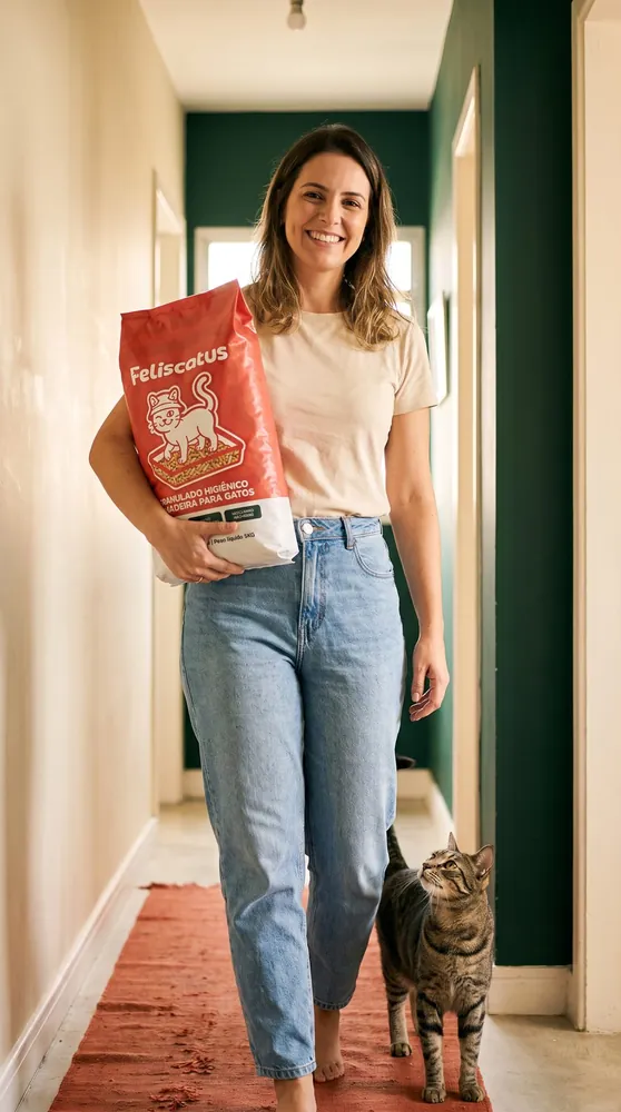 Mulher sorrindo carregando o pacote de 5 kg com uma só mão, com o gato ao lado