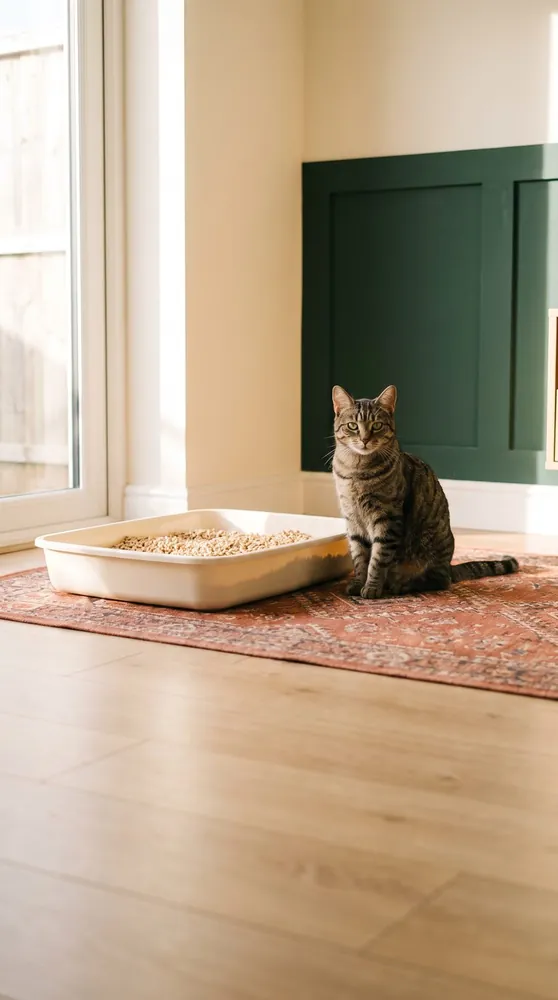 Gato sentado ao lado da bandeja em uma sala limpa, sem granulado espalhado