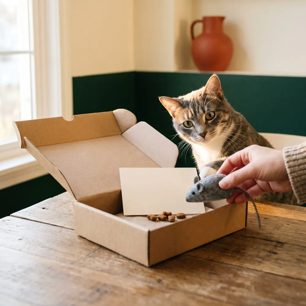 Gato espiando uma caixa aberta com cartão de boas vindas e um ratinho de pano