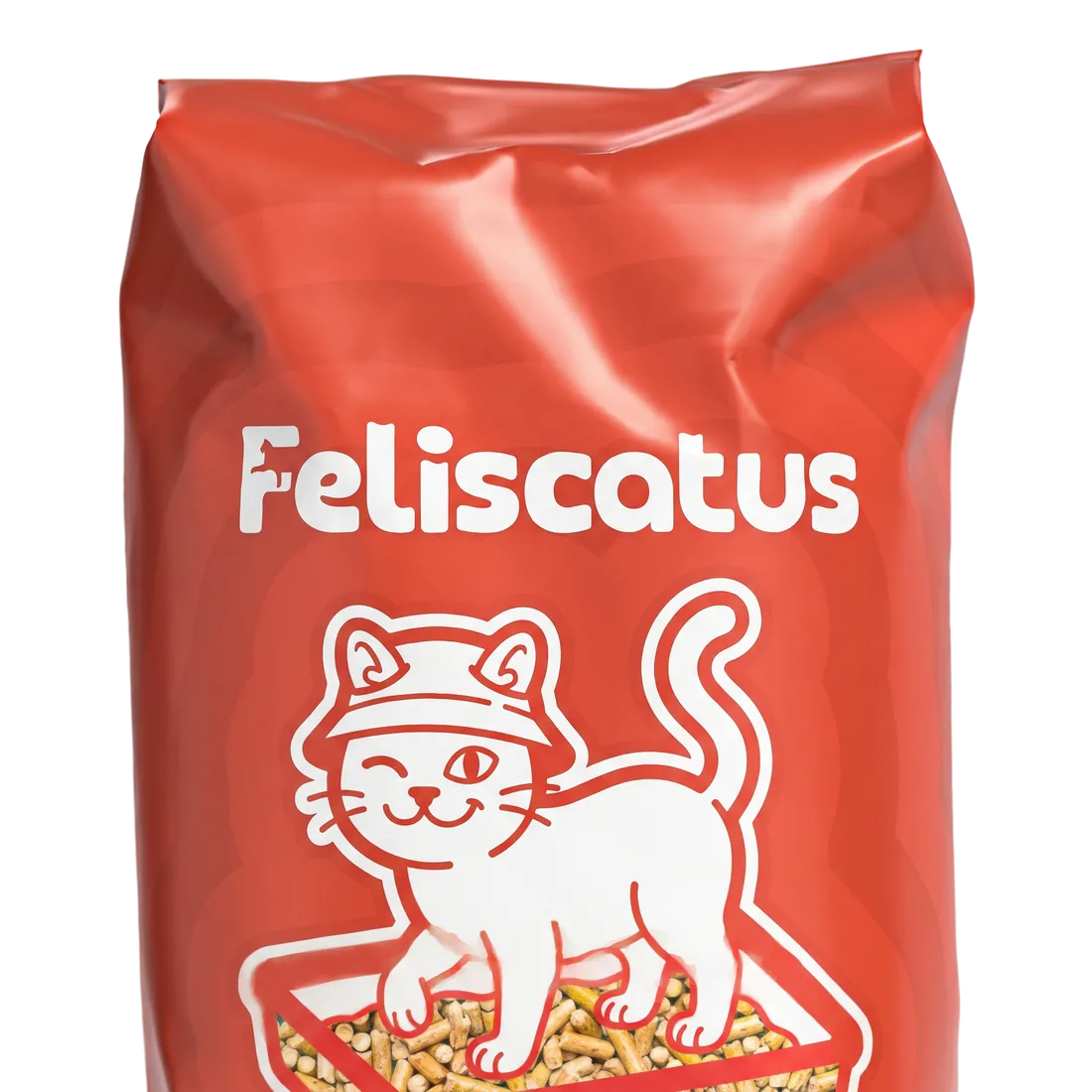 Detalhe da embalagem Feliscatus com a logo e a gata de chapéu piscando